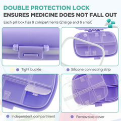 Layhit travel pill organizer in purple designed for compact travel storage.