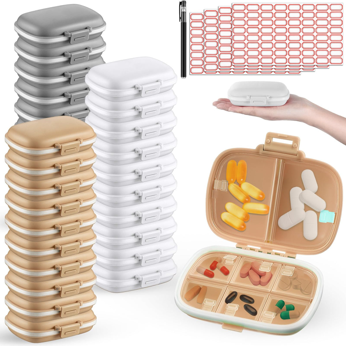 Layhit travel pill organizer in white with eight compartments for daily meds on the go