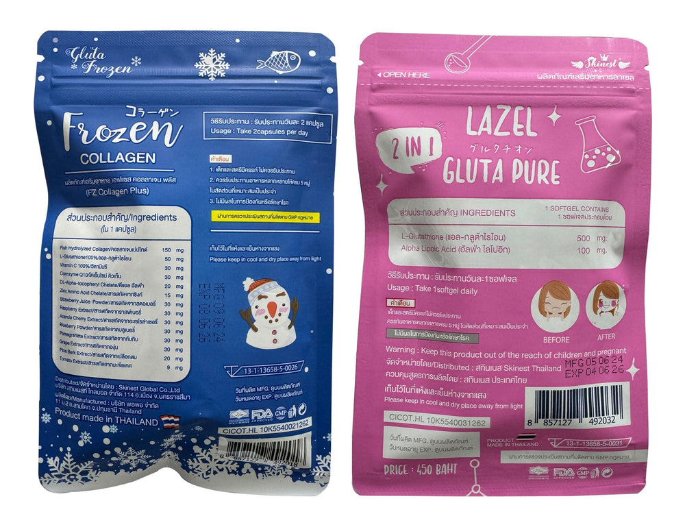 Lazel Gluta Frozen capsules closeup highlighting 60 capsules for daily routine.