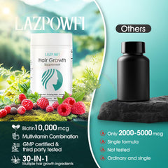 Lazpowfi biotin 10000mcg ingredient panel highlighting key nutrients for hair and nails.