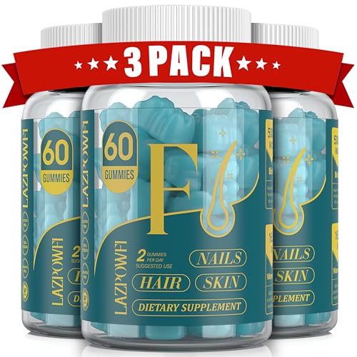 Lazpowfi Biotin Gummies blueberry bottle promoting vegan hair, skin, and nails support.
