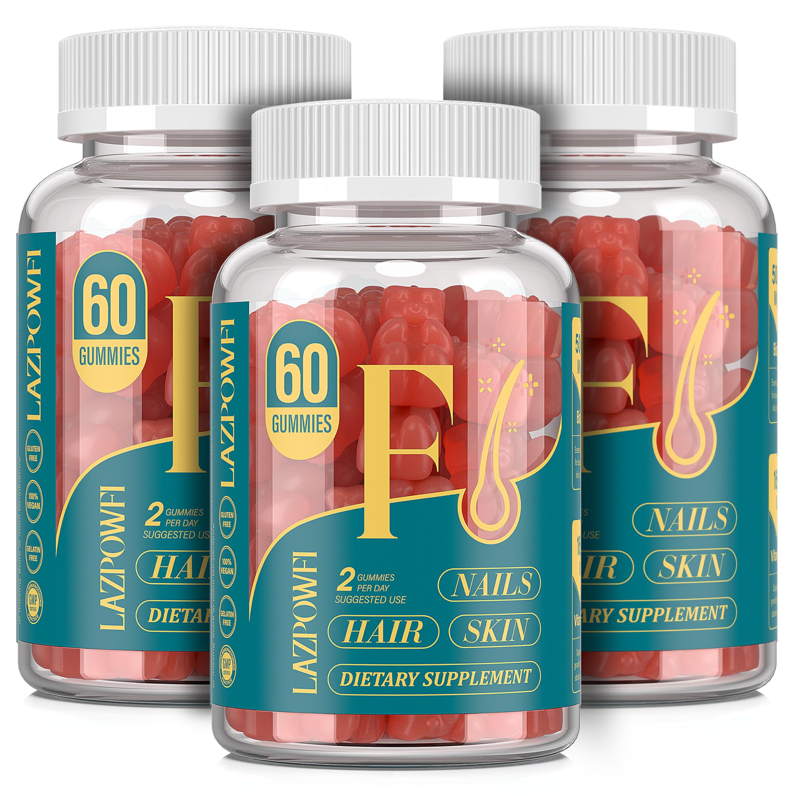 Lazpowfi Biotin Gummies bottle showing strawberry flavor for daily hair and nails support.