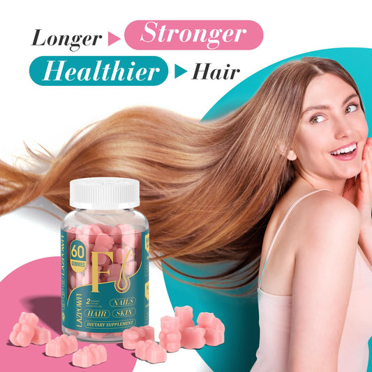 Lazpowfi Biotin Gummies bottle on shelf promoting nourished hair and nails.