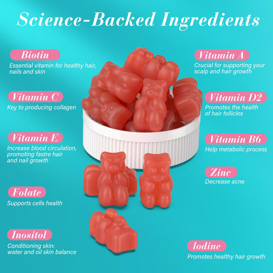 Lazpowfi Biotin Gummies jar closeup highlighting strawberry flavor