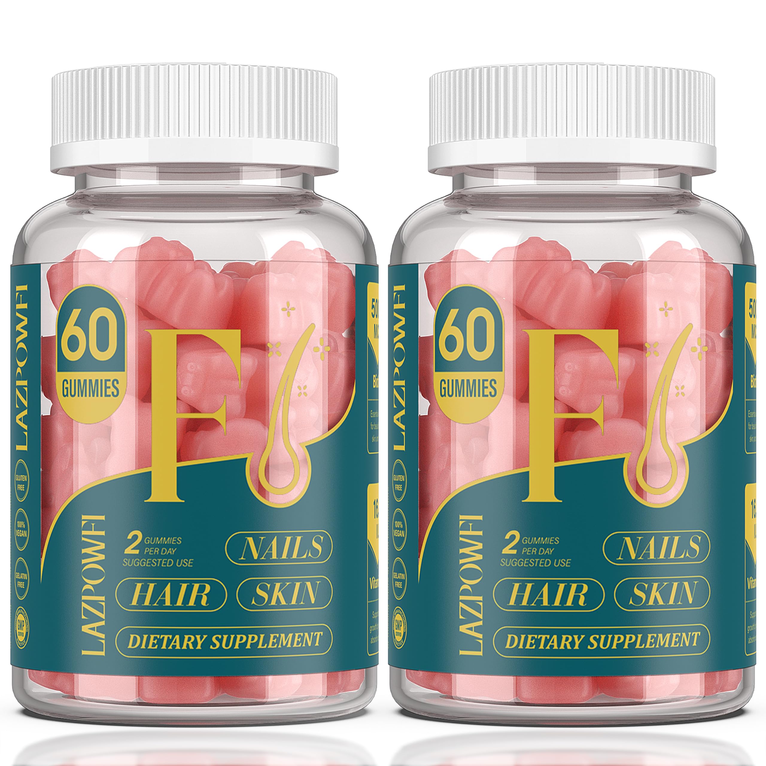 Lazpowfi Biotin Gummies label highlights vitamins for hair and nails.