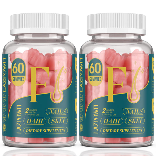 Lazpowfi Biotin Gummies label highlights vitamins for hair and nails.