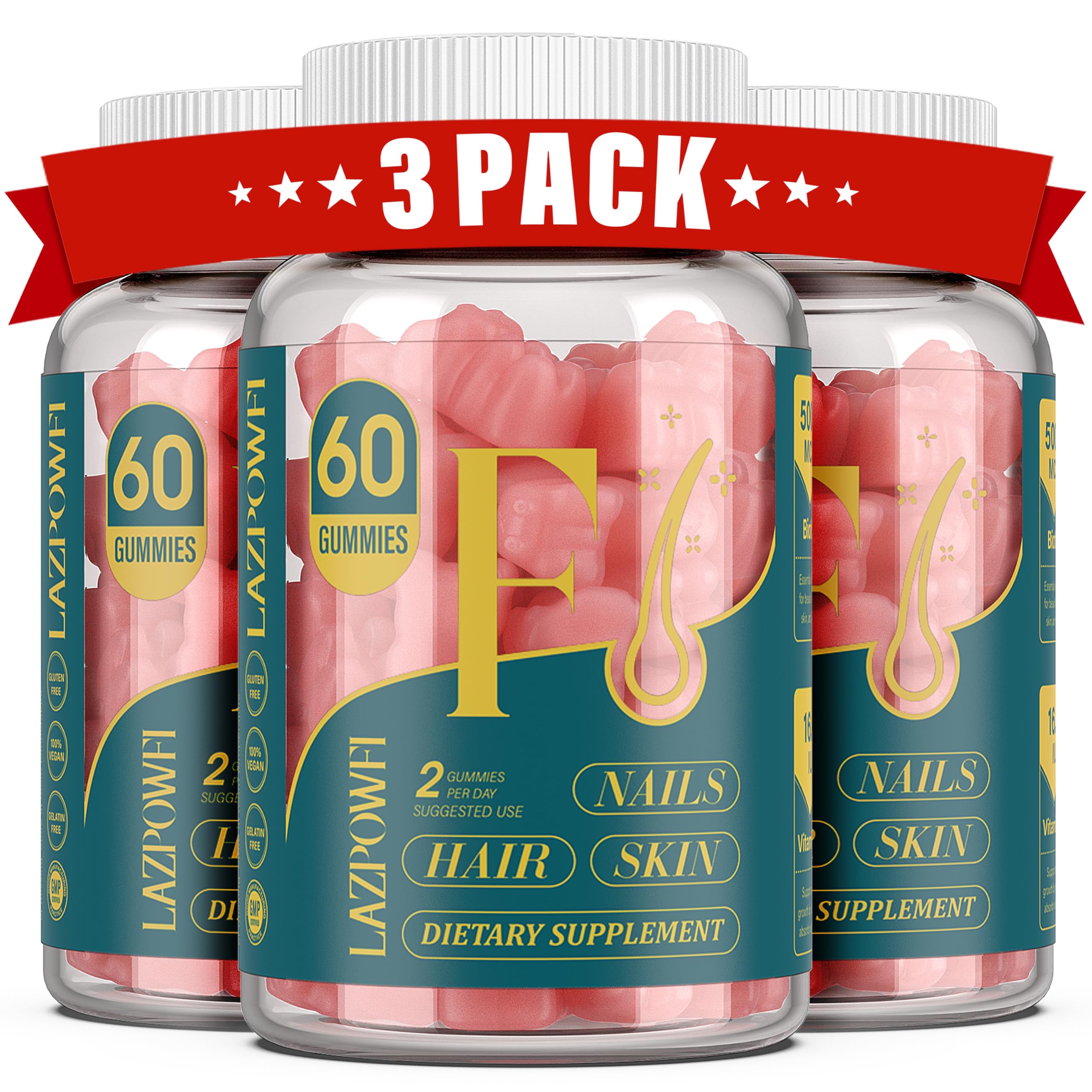 Lazpowfi Biotin Gummies Raspberry pack front view supports hair health.