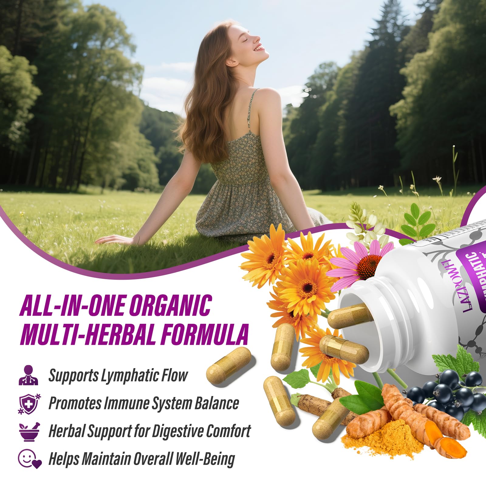 Lazpowfi capsules with turmeric root close-up highlighting daily wellness potential.