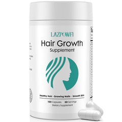 Lazpowfi Hair Growth 30-in-1 bottle label highlights a science-backed formula for healthier hair.