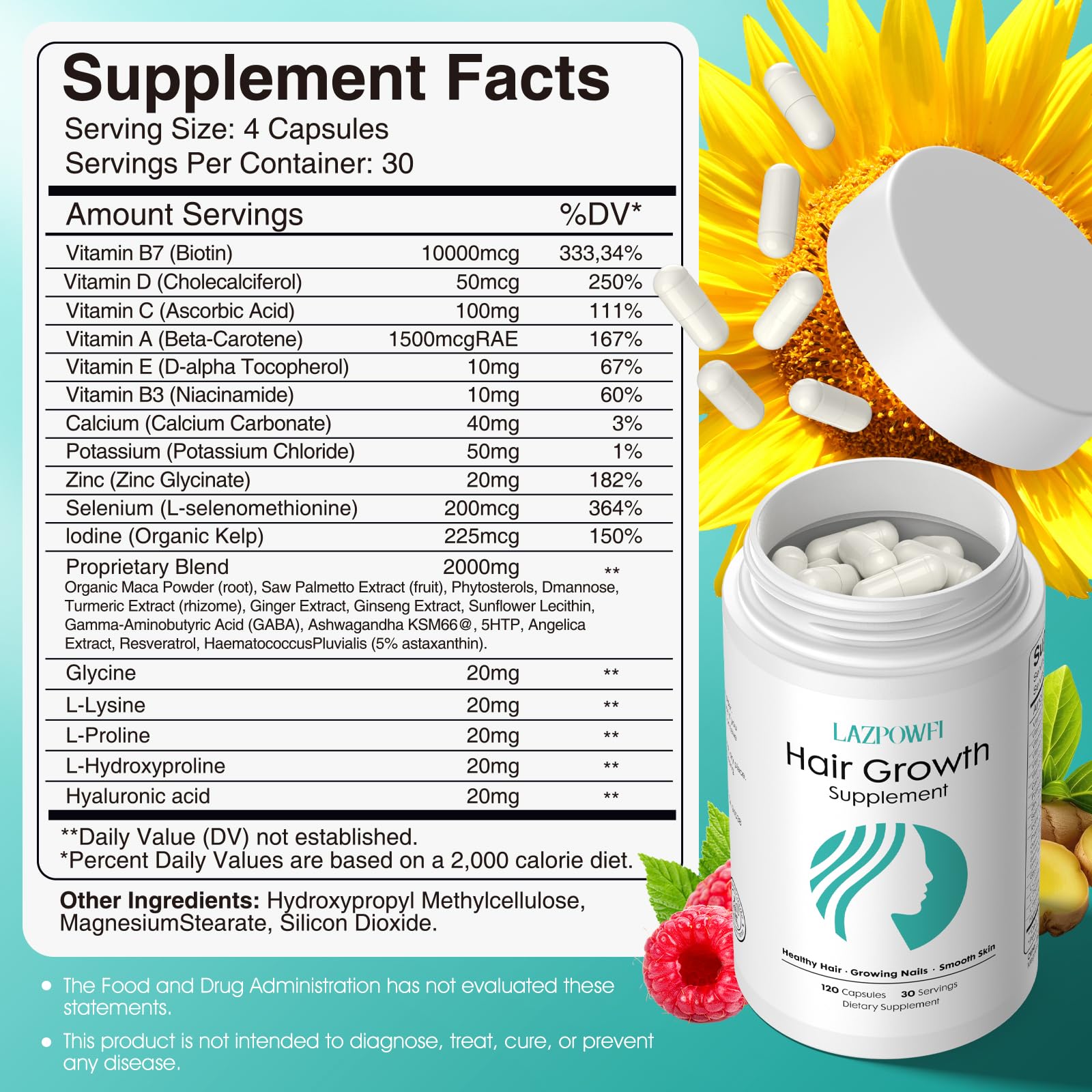 Close-up of Lazpowfi capsules showing a daily hair nourishment supplement.