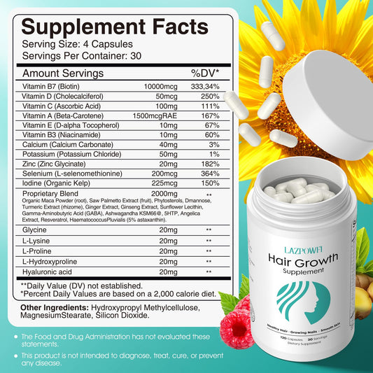Close-up of Lazpowfi capsules showing a daily hair nourishment supplement.