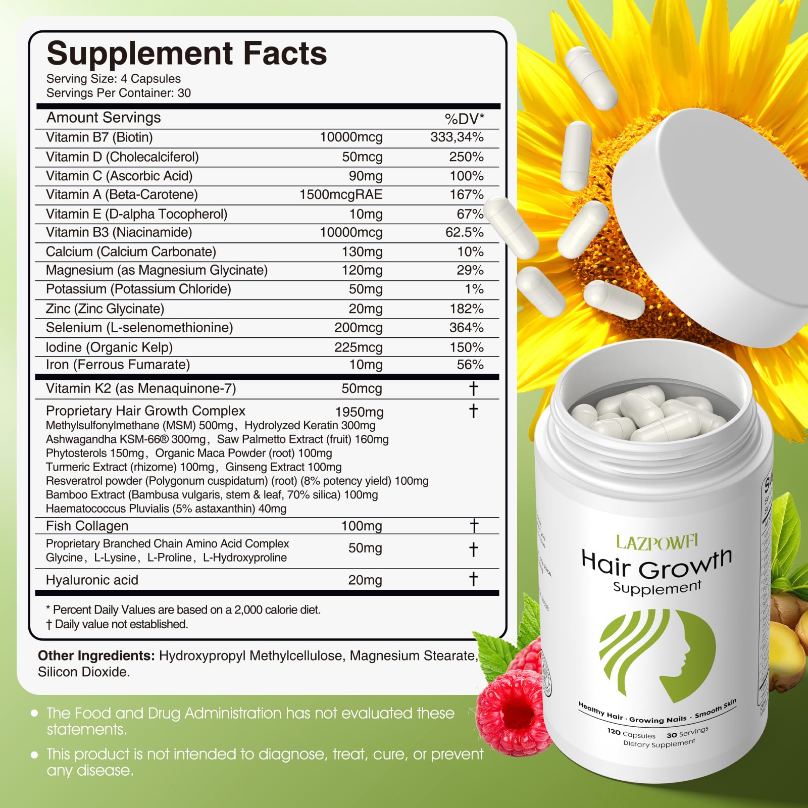 Lazpowfi Hair Growth Capsules Daily Dose highlights the convenient 4-capsule serving.