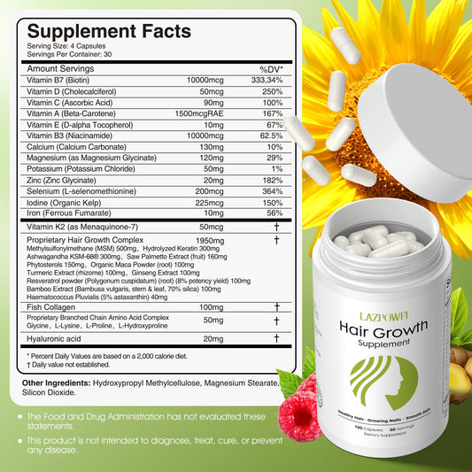 Lazpowfi Hair Growth Capsules Daily Dose highlights the convenient 4-capsule serving.