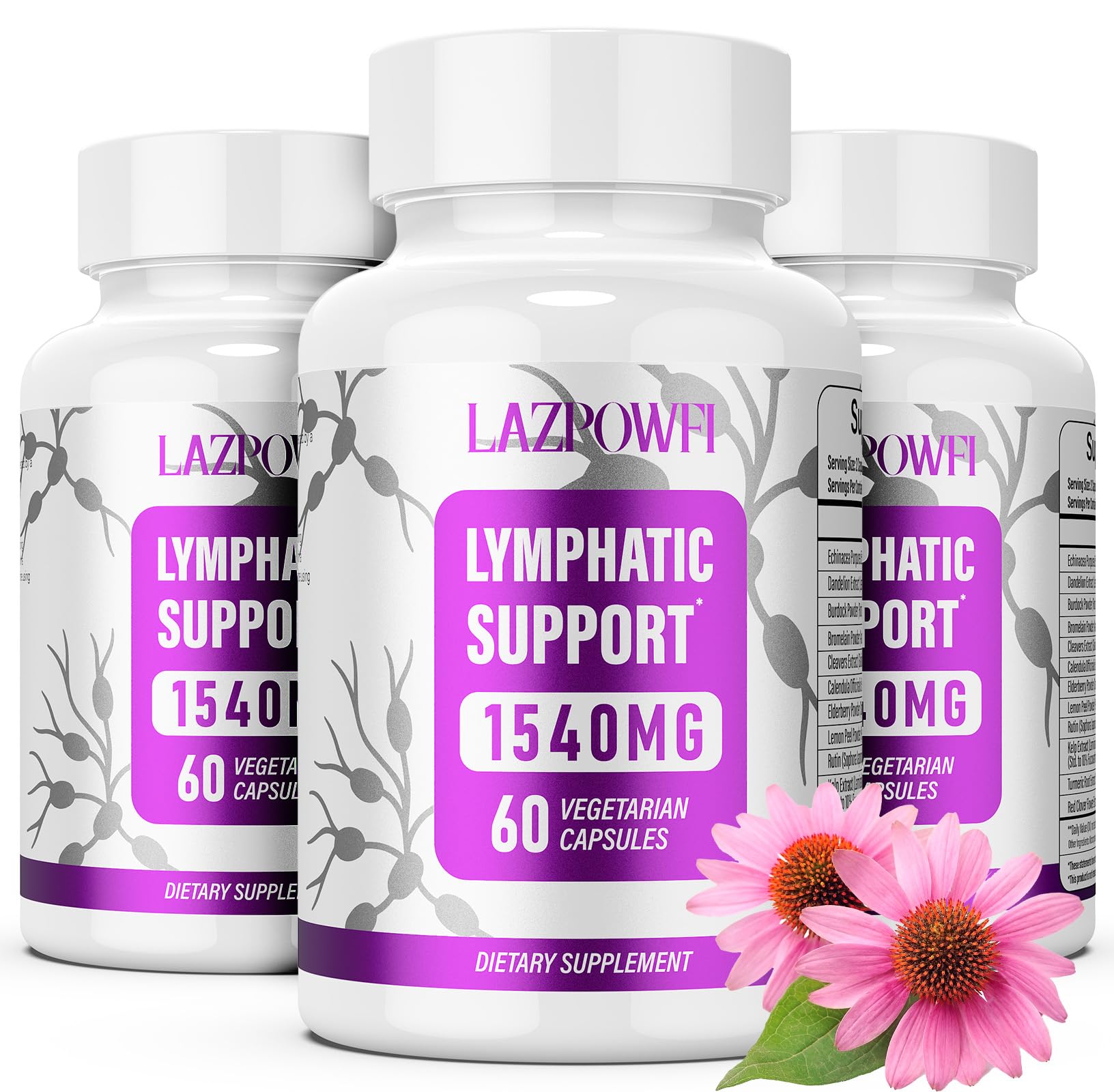 Lazpowfi Lymphatic Drainage bottle label with dandelion for natural fluid balance support.