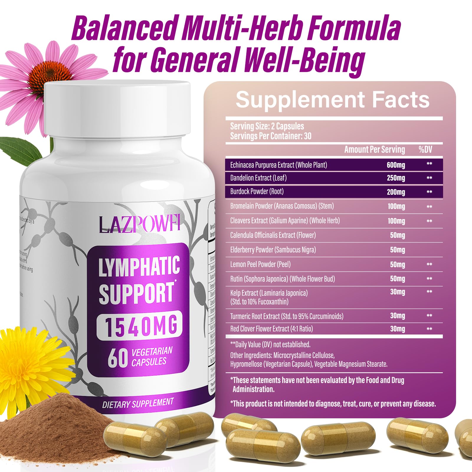 Lazpowfi Lymphatic Drainage bottle on a clean surface emphasizing vegan, non-GMO formulation.