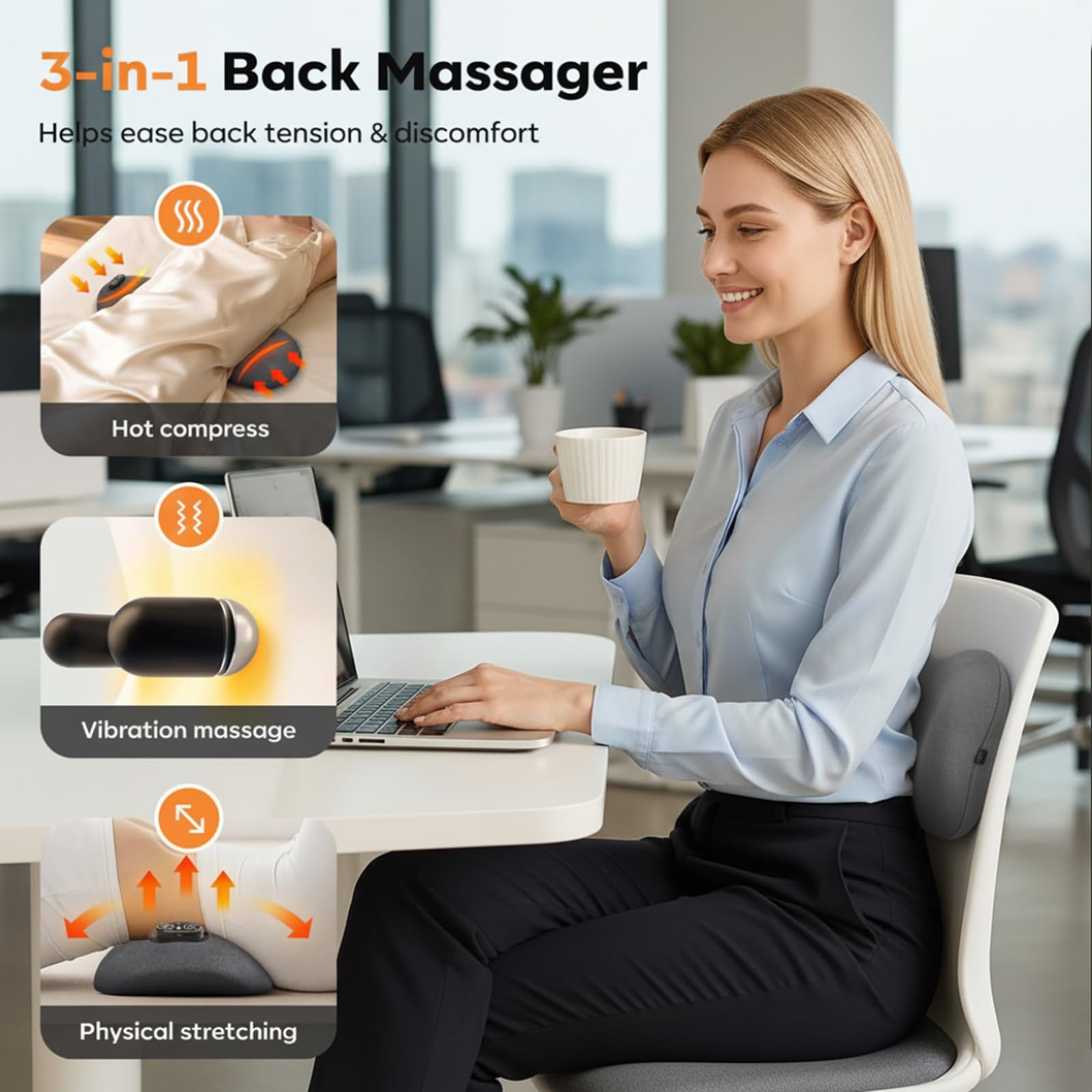 LDGSUPH back massager demonstrates vibration kneading function for relief.