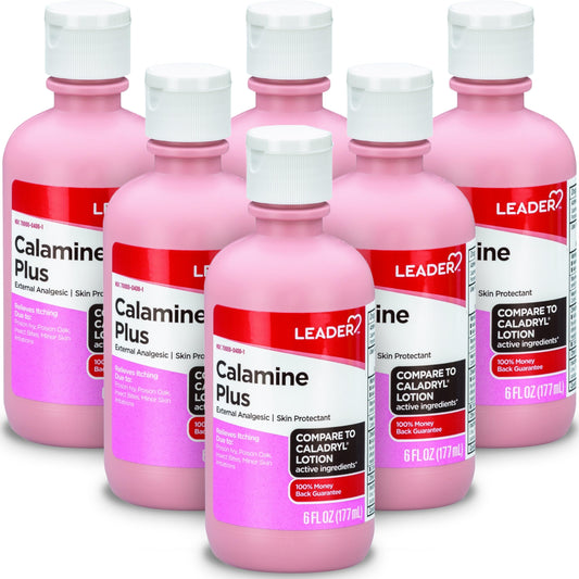 Leader Calamine Lotion pink bottle 6oz for soothing itch and cooling relief