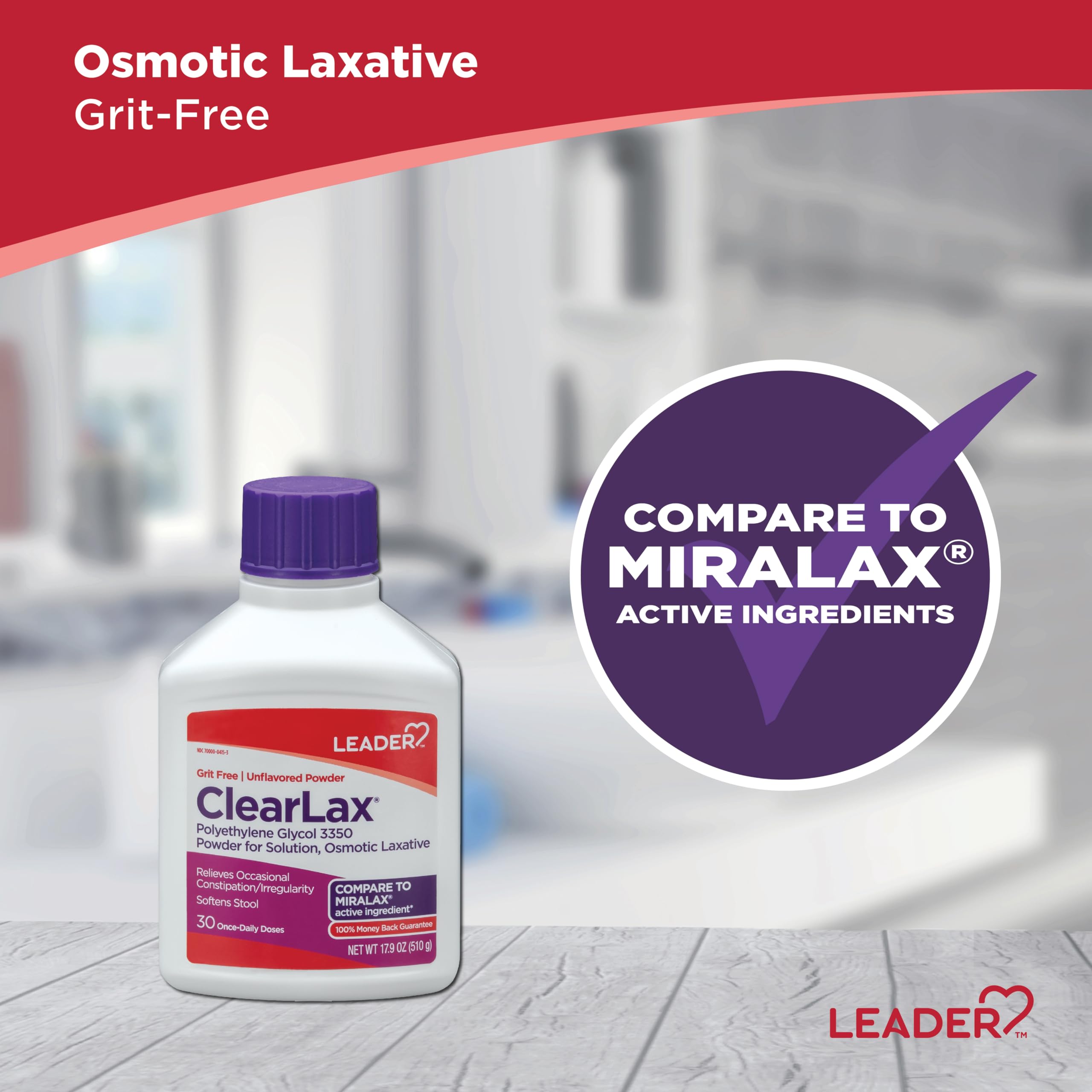 Leader ClearLax dose-scoop highlights precise 17 g per dose
