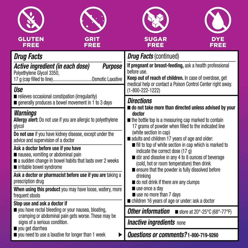 Leader ClearLax label-ingredients highlights PEG 3350 content