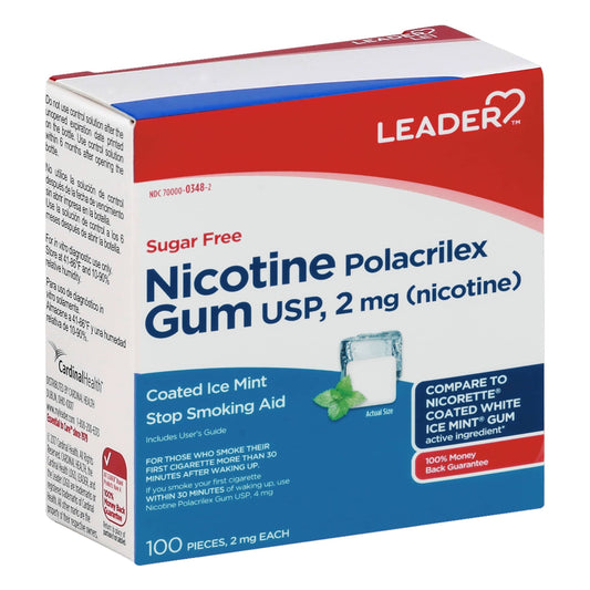 Leader Nicotine Gum Ice Mint bottle back with usage tips