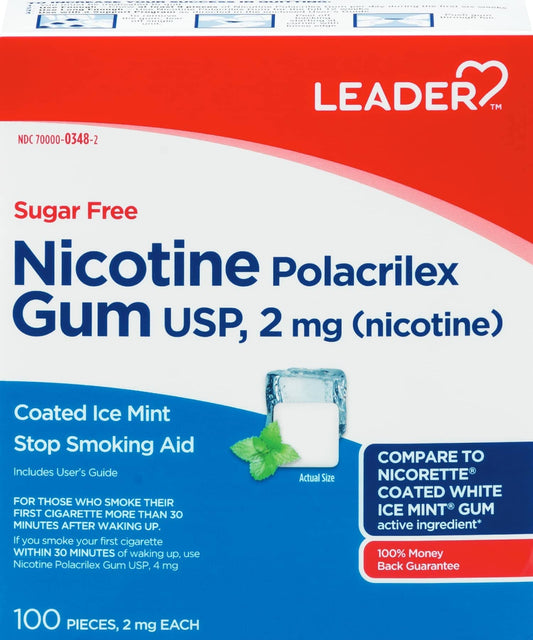 Leader Nicotine Gum Ice Mint bottle front, sugar-free 100-count supply