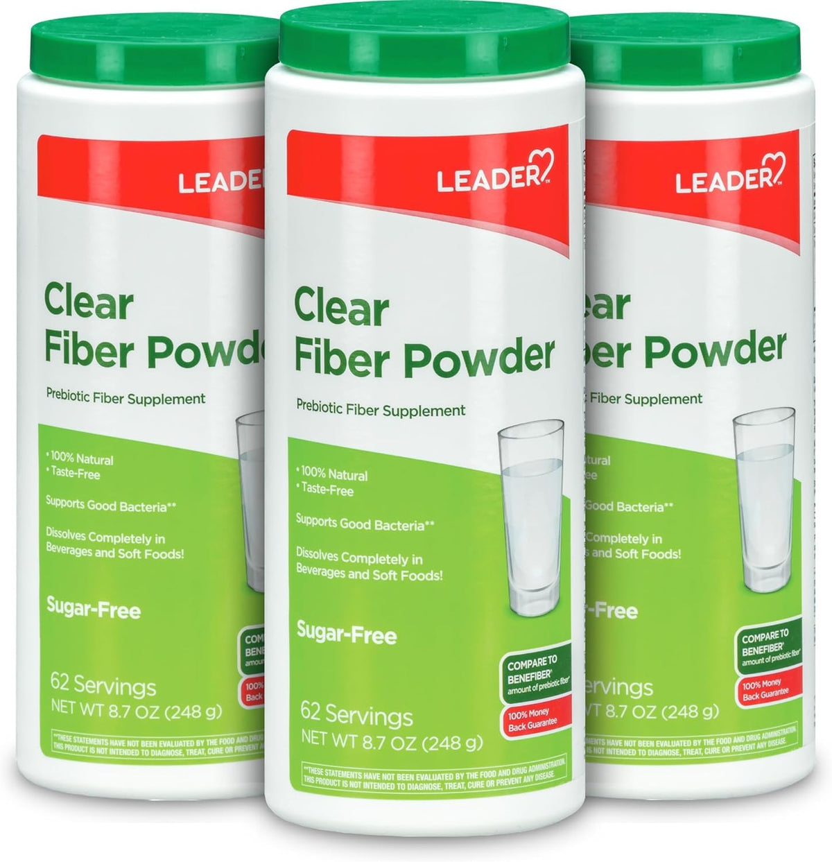 LEADER prebiotic fiber powder 3-pack packaging showing convenient multi-pack.