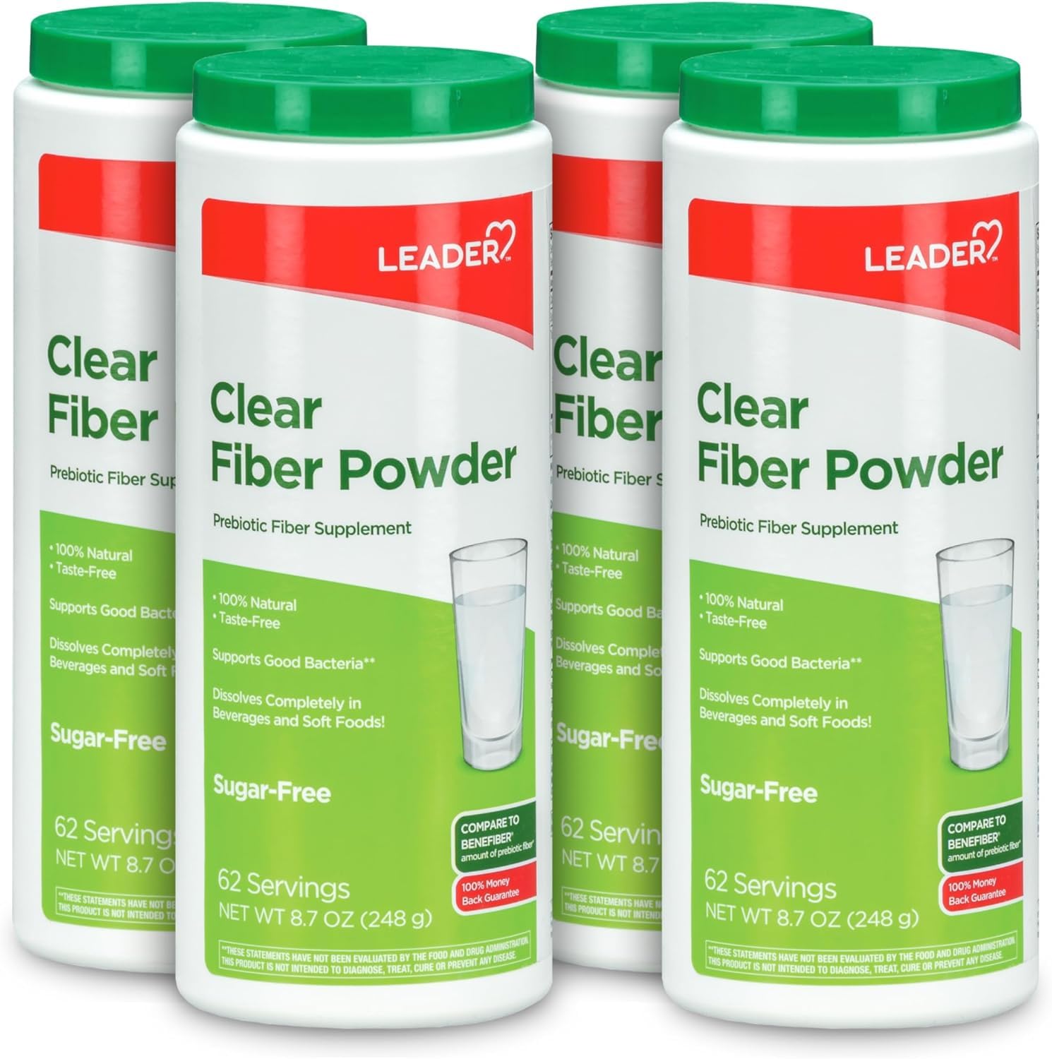 Leader prebiotic fiber powder tub with scoop for a convenient daily fiber boost.
