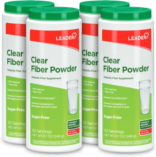 Leader prebiotic fiber powder tub with scoop for a convenient daily fiber boost.