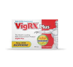 Close-up of VigRx Plus label highlights botanicals for adult wellness.