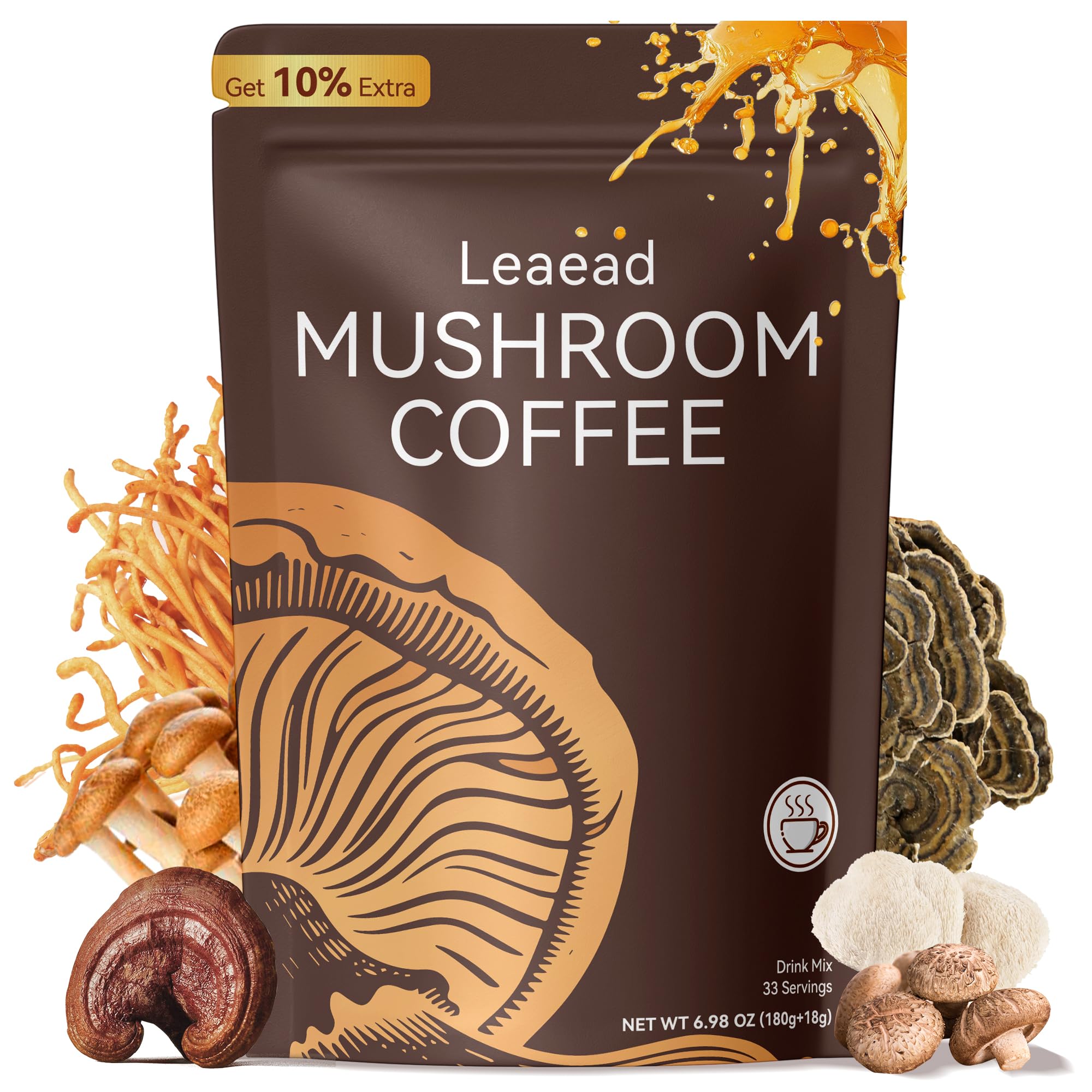 Leaead organic mushroom coffee jar close-up for energy support and focus