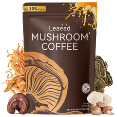 Leaead organic mushroom coffee jar close-up for energy support and focus