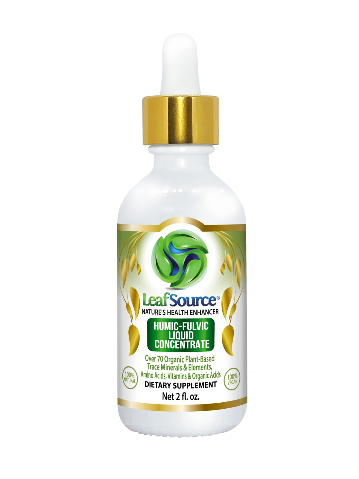 LeafSource Humic Fulvic Liquid bottle with dropper supports daily hydration.