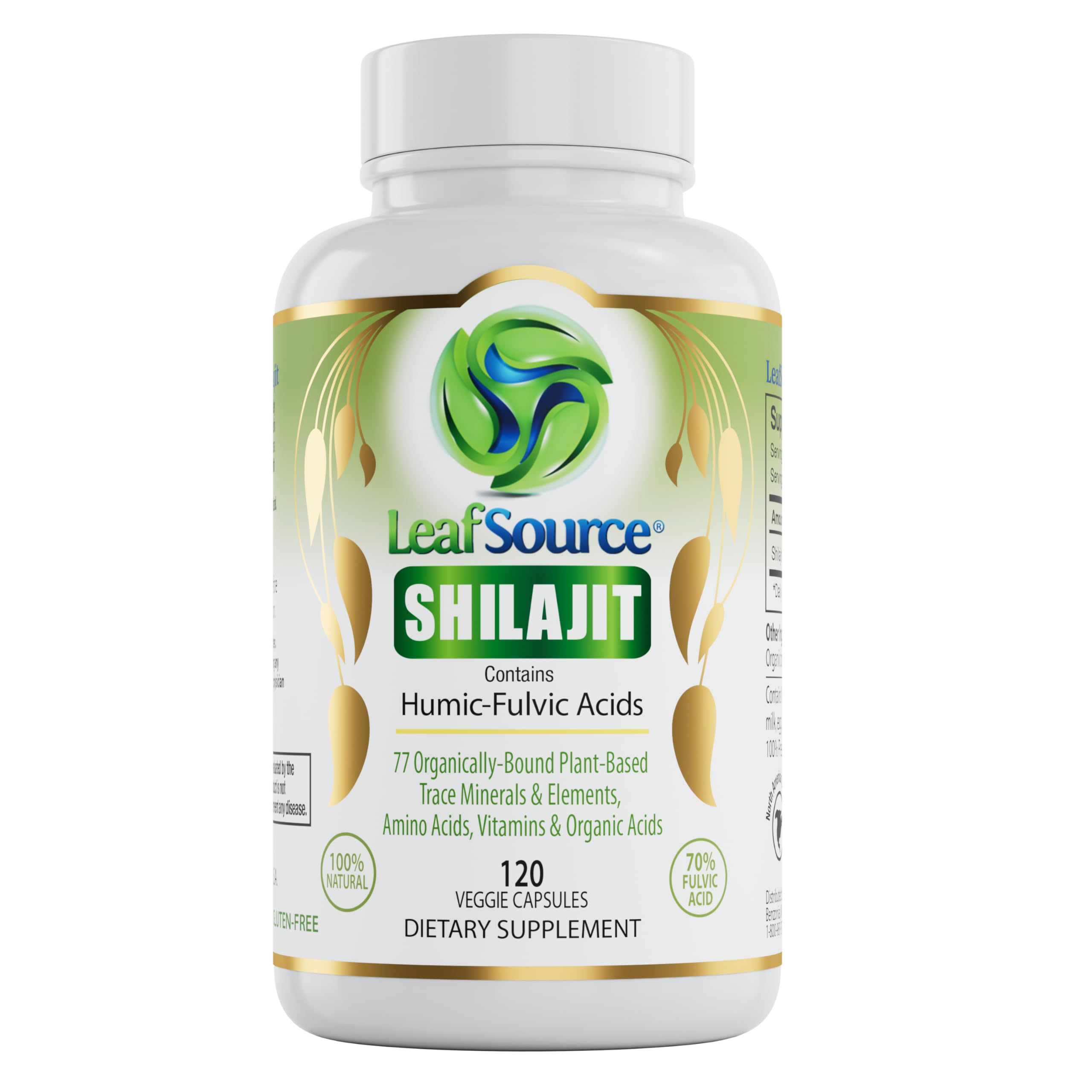 LEAFSOURCE Shilajit bottle front highlights energy support potential.