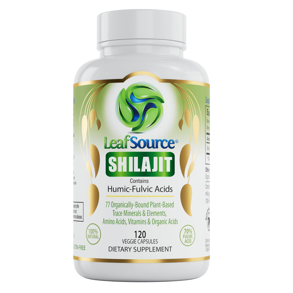 LEAFSOURCE Shilajit bottle front highlights energy support potential.
