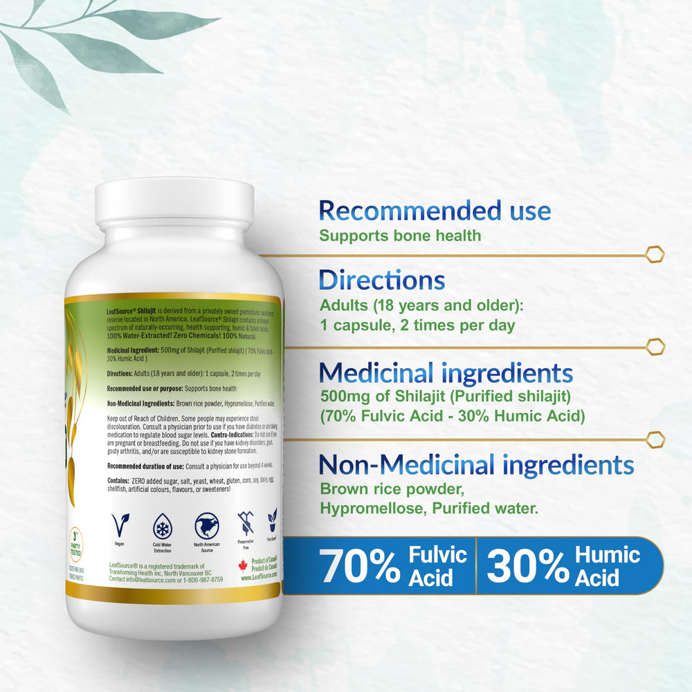 LEAFSOURCE Shilajit bottle with label closeup notes fulvic and minerals.