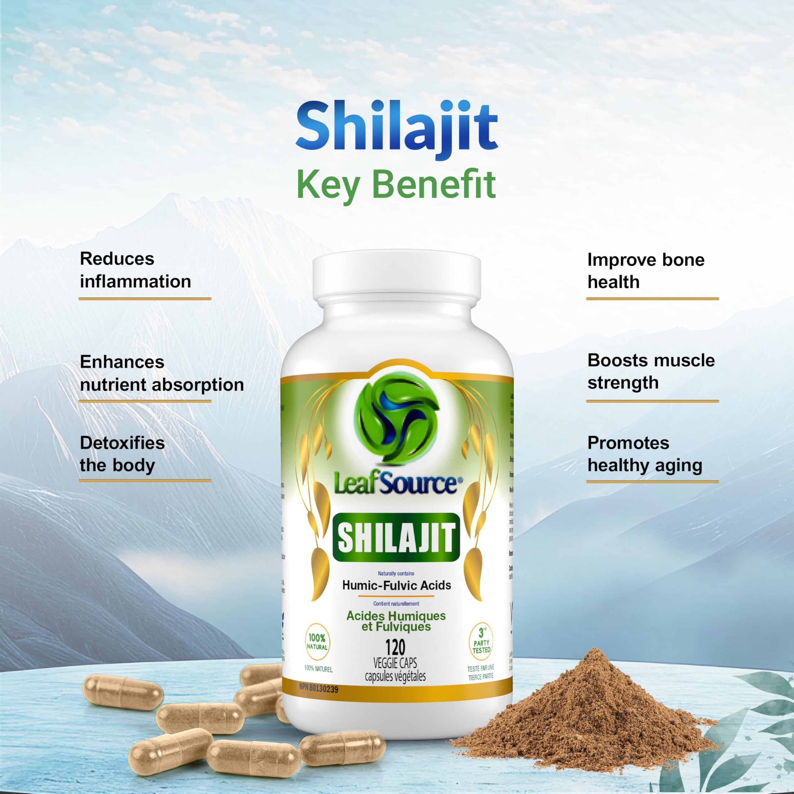 LEAFSOURCE Shilajit fulvic acid 70 percent graphic highlights key content.