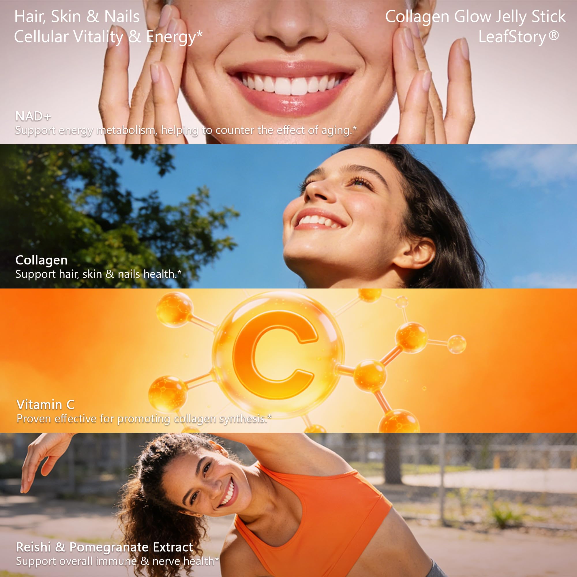 LeafStory Collagen Glow Jelly ingredients label showcasing natural ingredients.