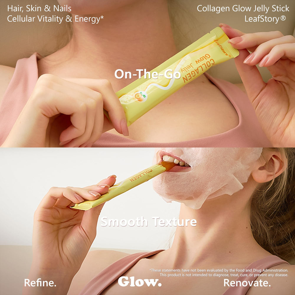 LeafStory Collagen Glow Jelly box beside vitamins hinting at balanced energy.