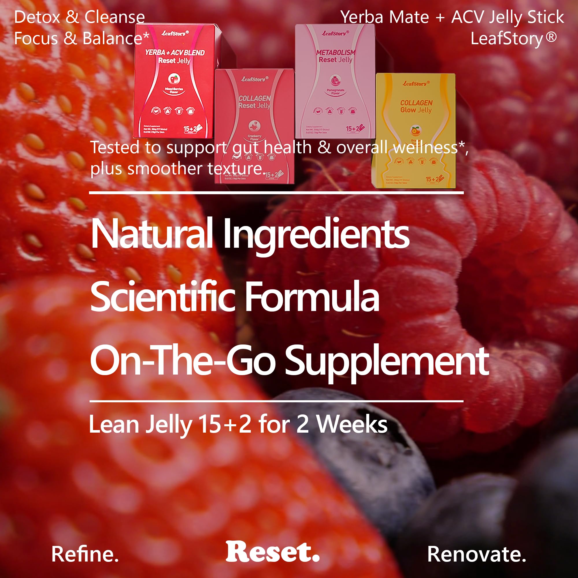 LeafStory Reset Jelly ingredients feature natural components with clear labeling.