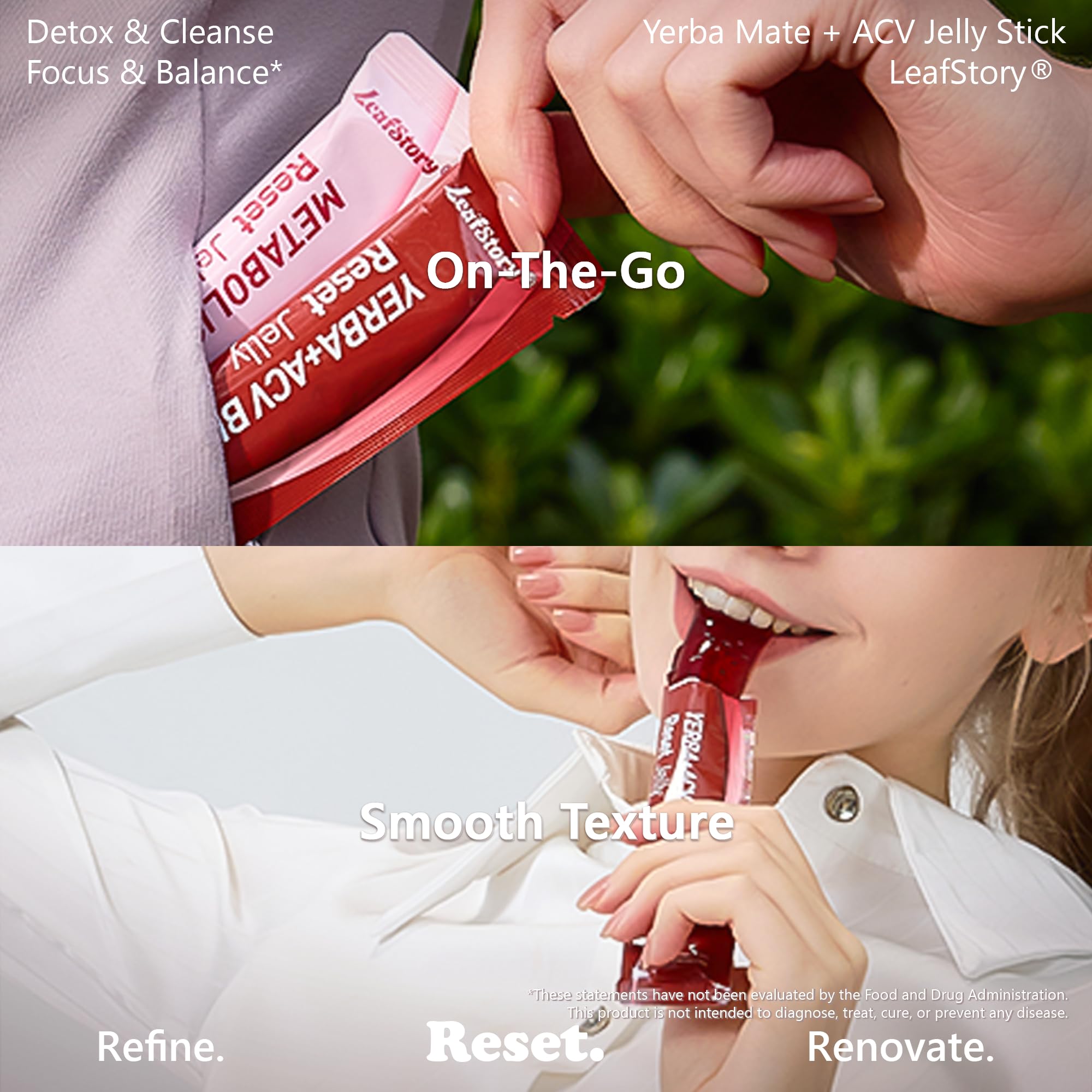 LeafStory Yerba Mate ACV Reset Jelly on-the-go use enables quick refresh.