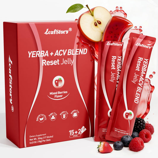 LeafStory Yerba Mate ACV Reset Jelly packaging highlights natural ingredients for daily use.
