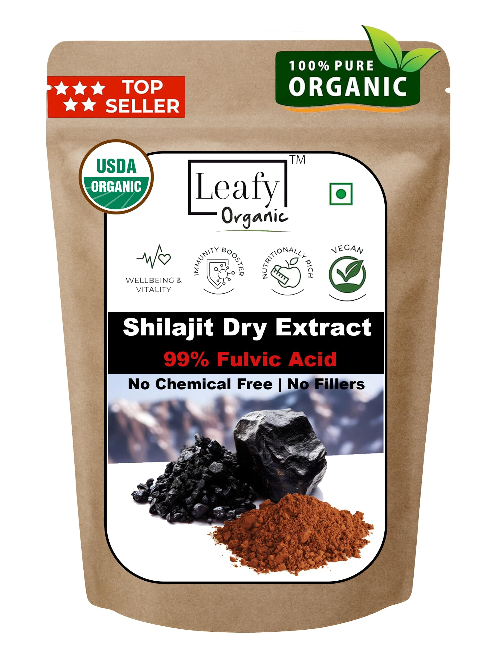 Leafy Organic Shilajit powder bottle — pure fulvic-rich extract for daily vitality support.