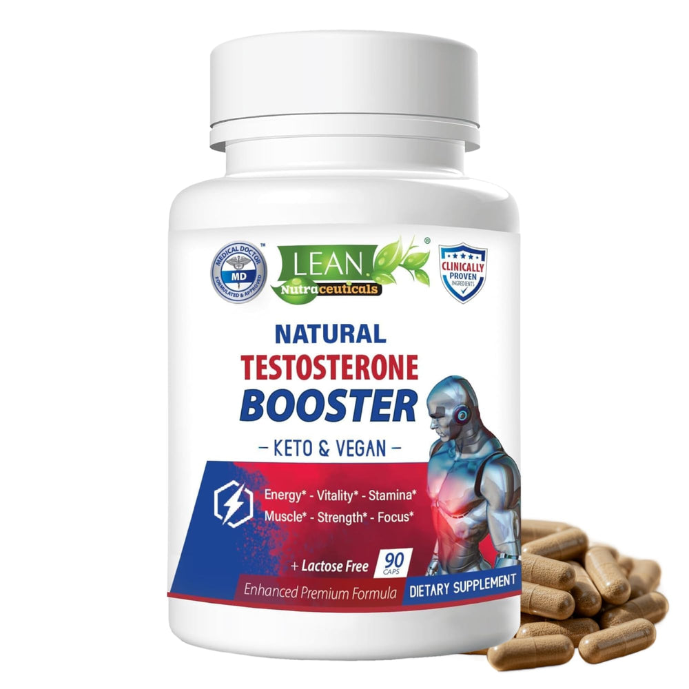 LEAN Nutraceuticals testosterone booster bottle with sleek packaging for daily energy.