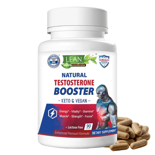 LEAN Nutraceuticals testosterone booster bottle with sleek packaging for daily energy.