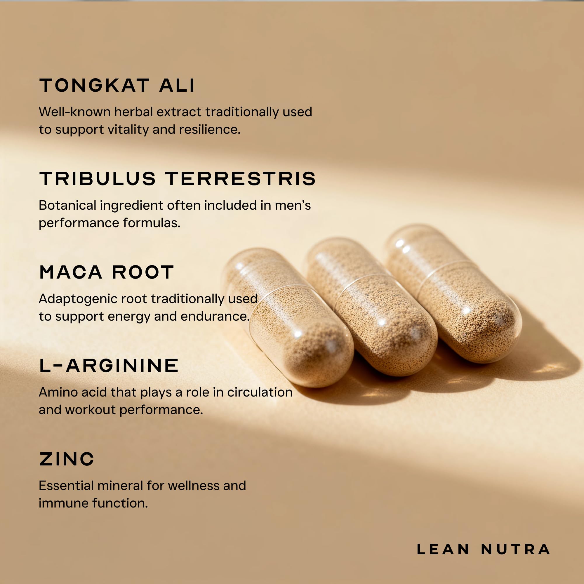 LEAN Nutraceuticals testosterone libido booster on shelf evoking endurance during workouts.