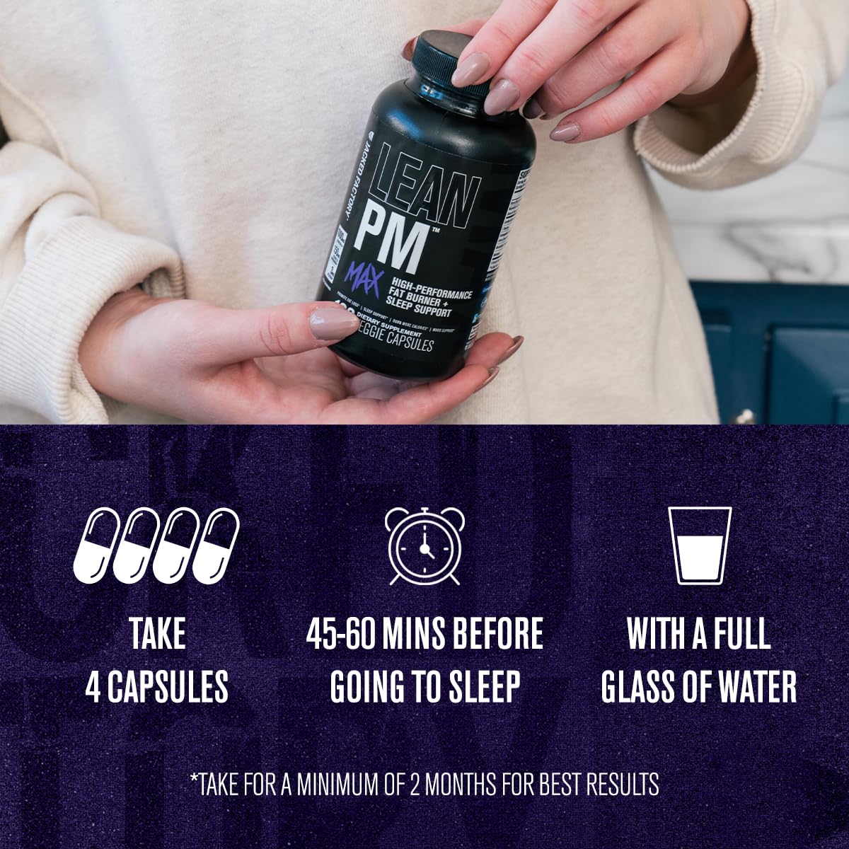 Lean PM Max bottle being poured to illustrate convenient nightly use.