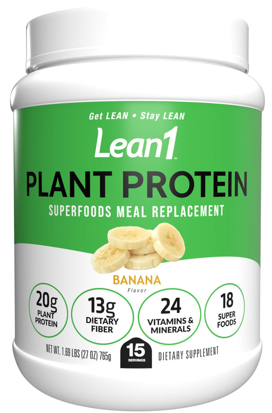 Lean1 Banana protein tub showing convenient plant-based nutrition for daily energy