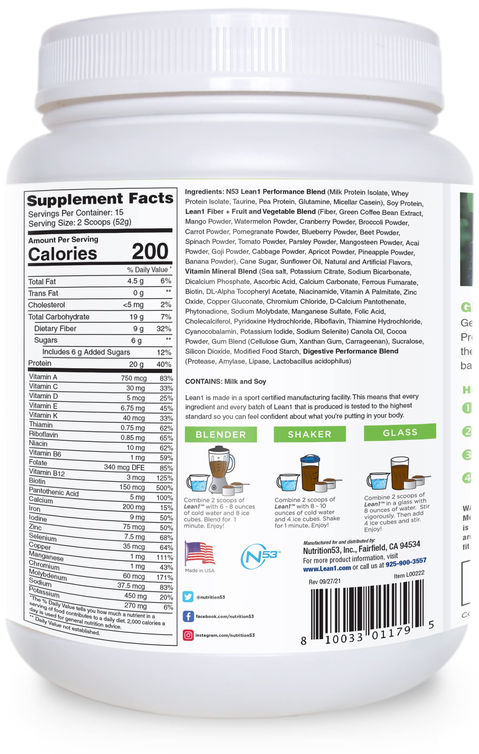 LEAN1 Chocolate Mint tub back with nutrition details.