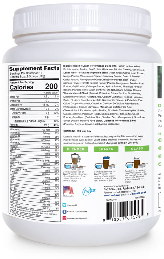 LEAN1 Chocolate Mint tub back with nutrition details.