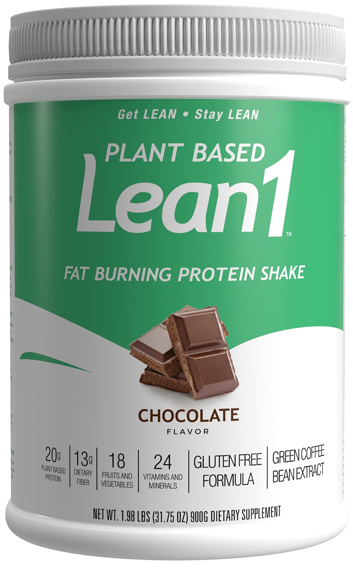 LEAN1 chocolate tub front showing packaging for on-the-go meal replacement.